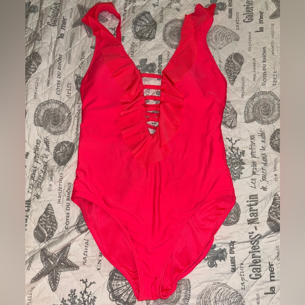 Lilly Pulitzer One-Piece Coral Swimsuit with Ruffle Detail. Size 14, great cond